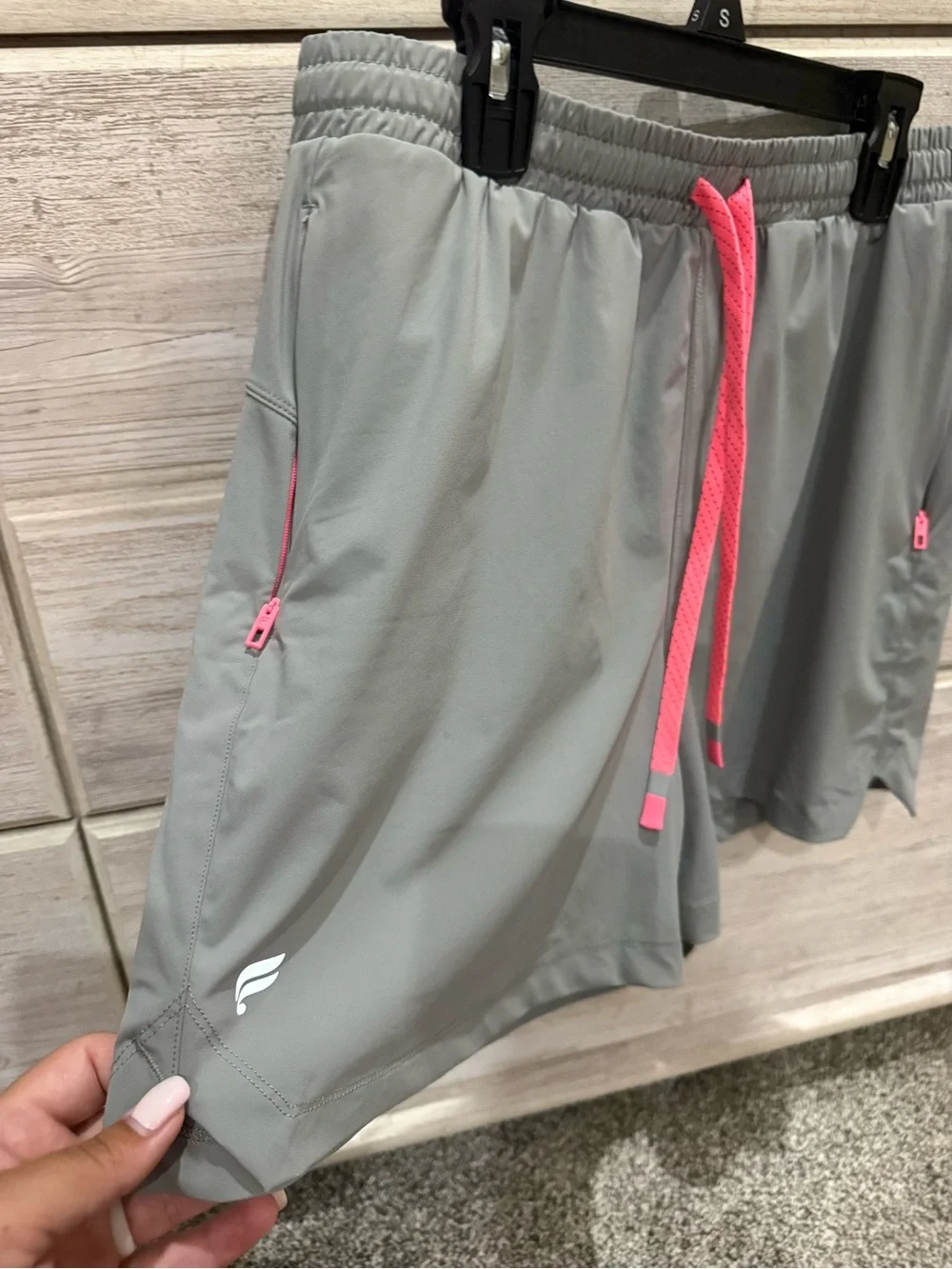 Fabletics Women's Gray Active Shorts with Pink Drawstring